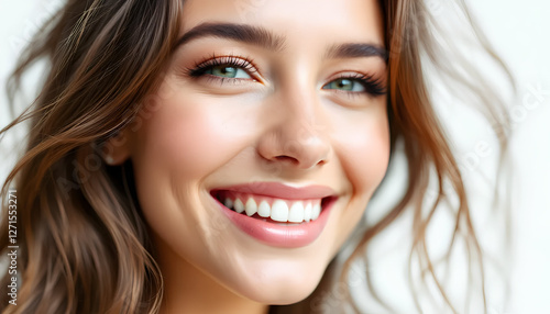 Primo piano di giovane ragazza sorridente, felice. Sfondo chiaro, illuminazione da studio.