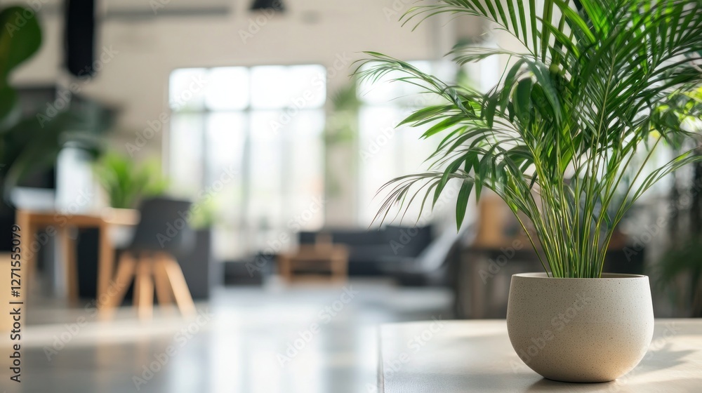 Lush green potted plant on table in modern, bright office space. Lush green potted plant on table in modern, bright office space.