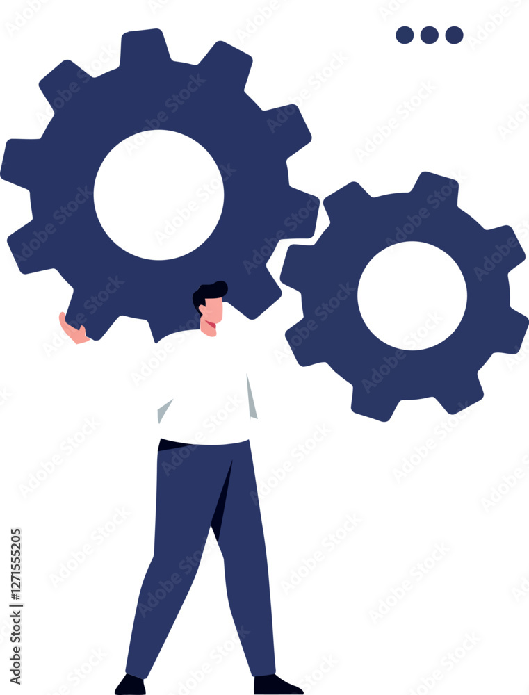 Man holding large gears in flat vector art illustration Man holding large gears in flat vector art illustration