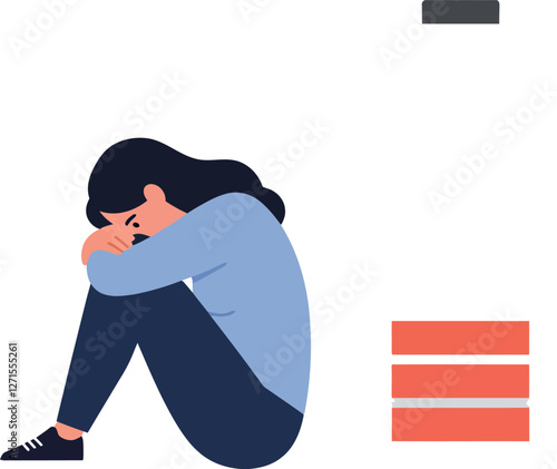 Emotional woman sitting curled up in a minimal vector illustration