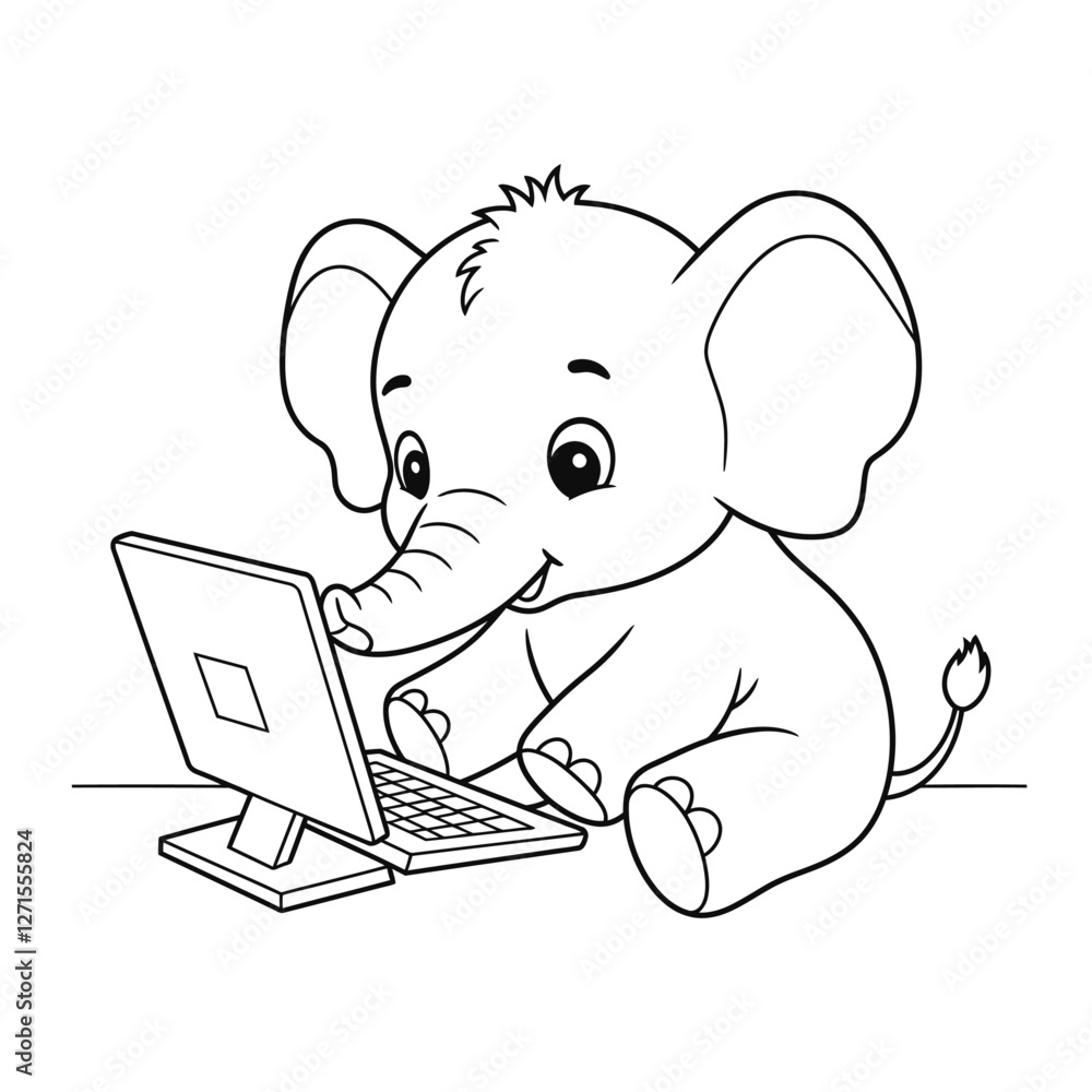 Fototapeta premium Cute Elephant Using a Laptop Coloring Page for kids