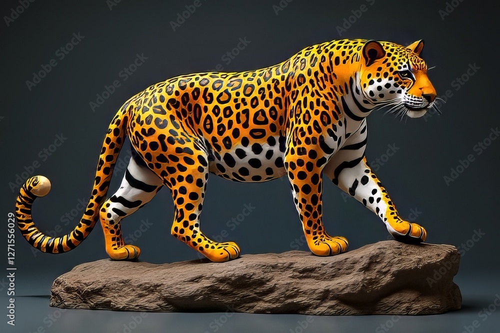 Fototapeta premium Stunning 3D Rendered Jaguar on Rock, Vivid Patterns