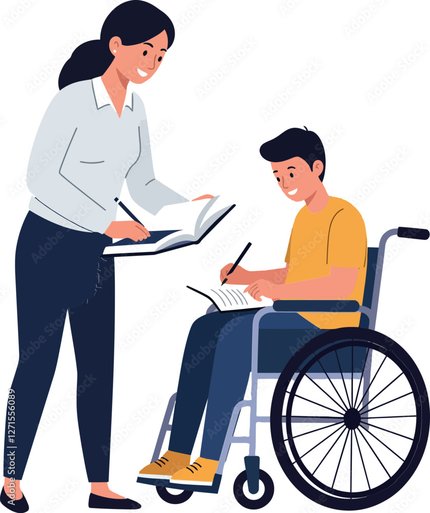 Person assisting another in wheelchair with flat vector illustration Person assisting another in wheelchair with flat vector illustration