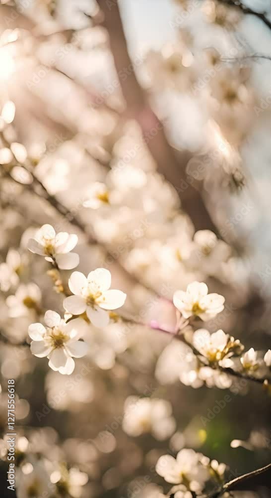 Delicate white flowers bloom on branches in spring, illuminated by soft sunlight, celebrating beauty of nature and joy of blossom. Delicate white flowers bloom on branches in spring, illuminated by soft sunlight, celebrating beauty of nature and joy of blossom.