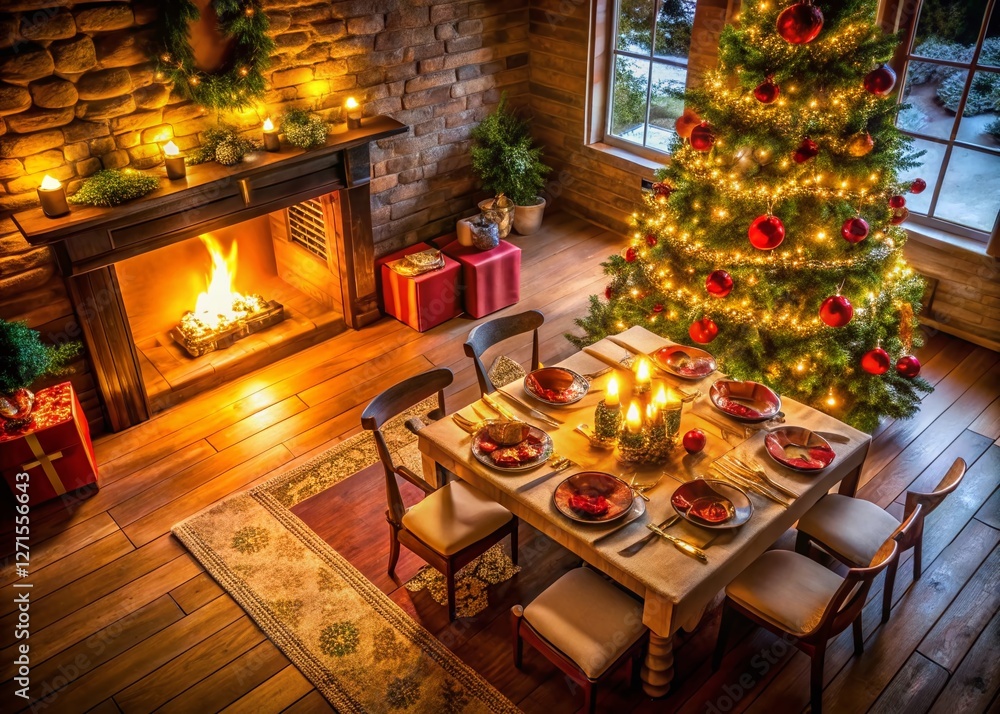 Aerial View Cozy Christmas Table Setting Fireplace Christmas Tree Winter Holiday Festive Decor Aerial View Cozy Christmas Table Setting Fireplace Christmas Tree Winter Holiday Festive Decor