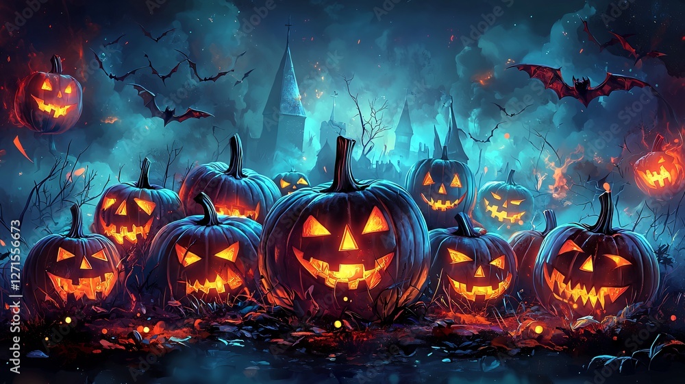 Halloween pumpkins, spooky castle, bats, night Halloween pumpkins, spooky castle, bats, night