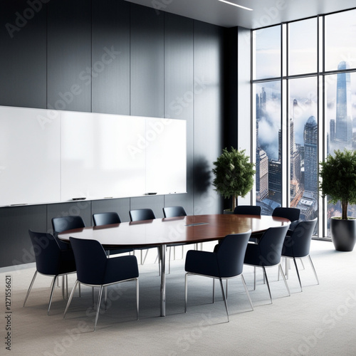 A modern conference room featuring a long table, comfortable chairs, and large windows offering a panoramic city view.
