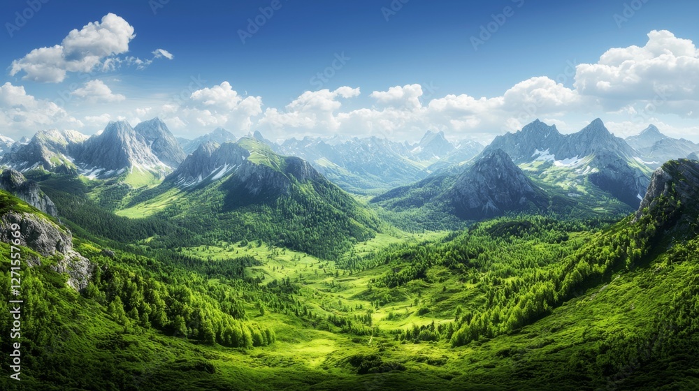 Obraz premium Majestic Mountain Landscape with Lush Green Valley and Snow-Capped Peaks Beneath Bright Blue Sky and Fluffy Clouds