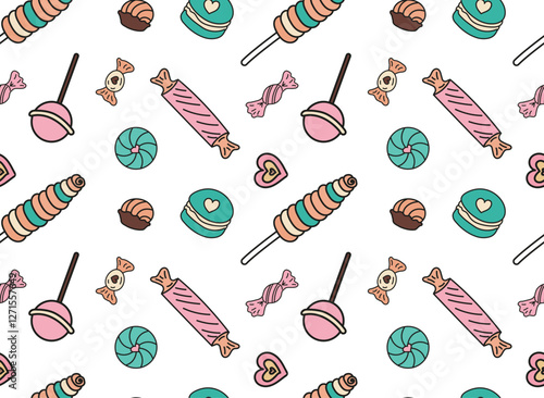 Sweets different candies doodle Seamless pattern with caramel on stick, wrapped candies, lollipop. Vector patterns endless. Color sample pattern for wallpaper, fabric, packaging, background.