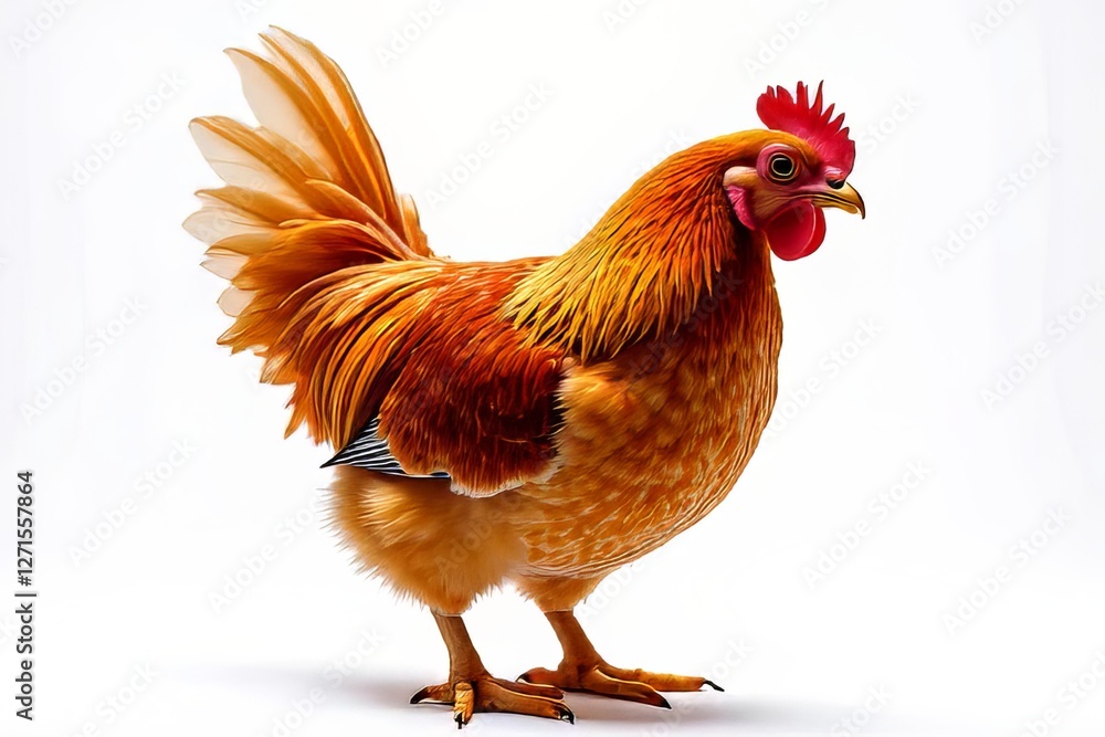 Fototapeta premium Stunning Orange Rooster Portrait Against White Background