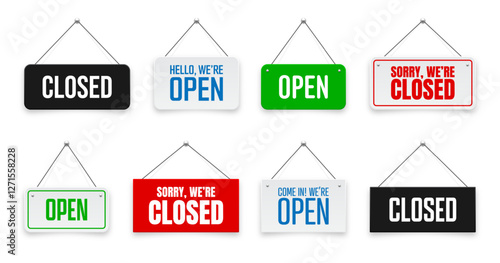 Realistic open or closed hanging signboards. Vintage door sign for cafe, restaurant, bar or retail store. Announcement banner, information signage for business or service. Vector illustration