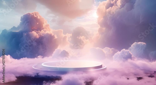 Ethereal Landscape with Dreamy Clouds and Glowing Platform Under Soft Sunlight in Tranquil Sky