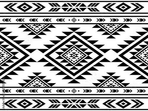 Southwest Aztec geometric Native American Mexican Navajo tribal ethnic boho indian texture ornament seamless pattern fabric black and white design vector for woven textile printing blanket rug carpet 