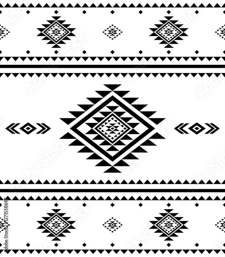 Southwest Aztec geometric Native American Mexican Navajo tribal ethnic boho indian texture ornament seamless pattern fabric black and white design vector for woven textile printing blanket rug carpet 
