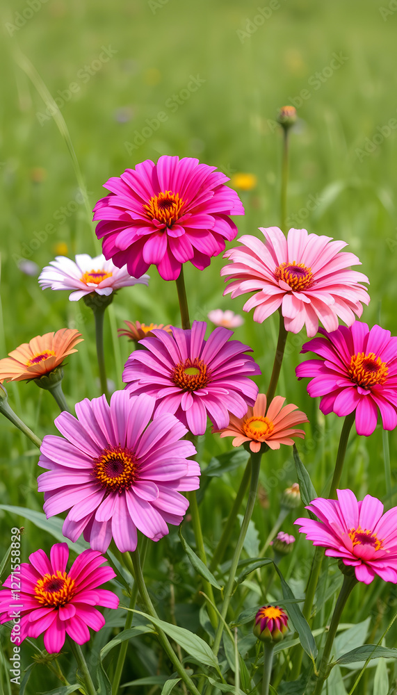 Fototapeta premium Horizontal banner of brilliant bold Zinnias in a grassy meadow. Lavender and bold pink zinnia produce magnificent, large, dahlia-flowered blossoms on strong, tall plants blooming freely all summer, 