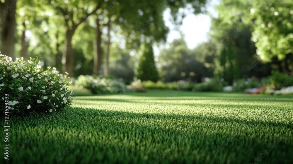 Beautiful manicured lawn and flowerbed with deciduous shrubs on plot or Park outdoor. Green lawn closely mowed grass. Beautiful manicured lawn and flowerbed with deciduous shrubs on plot or Park outdoor. Green lawn closely mowed grass.