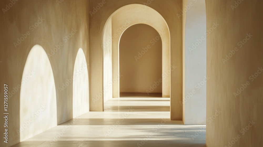 Serene Hallway with Arched Doors and Soft Natural Light Serene Hallway with Arched Doors and Soft Natural Light