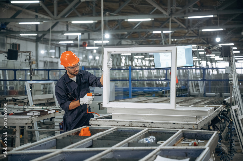 Fototapeta premium Busy at work. Man is in the modern factory
