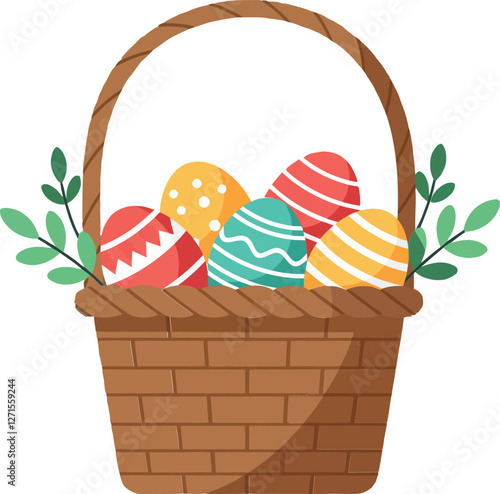Colorful Easter eggs in a woven basket flat vector illustration