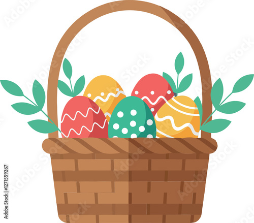 Colorful Easter eggs in a woven basket flat vector illustration