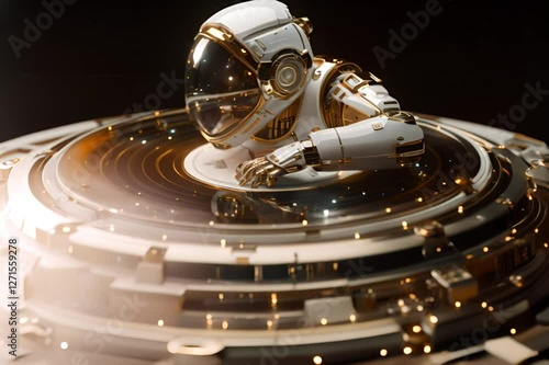 Futuristic astronaut in golden space suit emerges from high tech platform, showcasing advanced technology and sci fi innovation.
