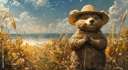 Cute bear in straw hat joyfully stands in golden field by ocean, surrounded by natures beauty and cheerful summer vibes.