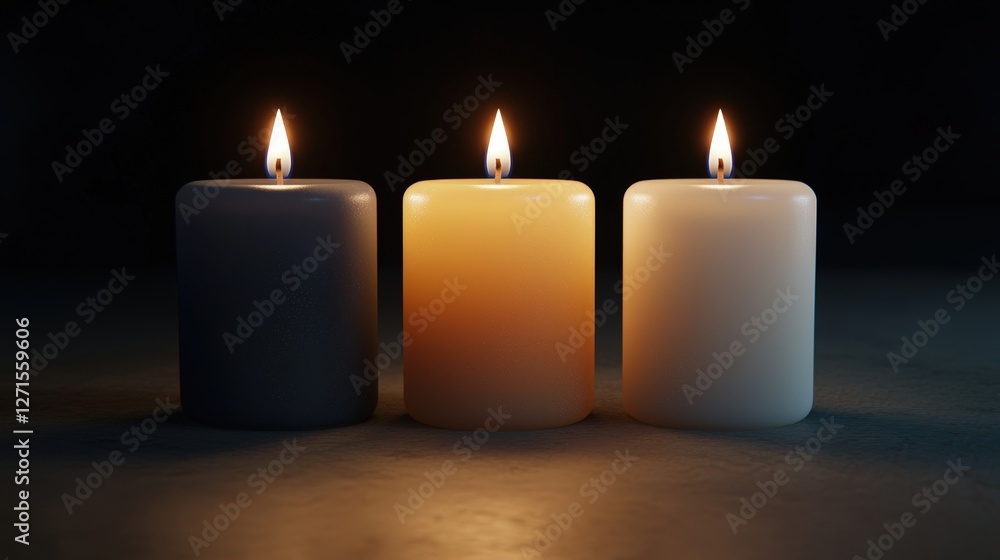 Tranquil Atmosphere with Three Glowing Candles on a Dark Surface for Relaxation and Mood Setting Tranquil Atmosphere with Three Glowing Candles on a Dark Surface for Relaxation and Mood Setting