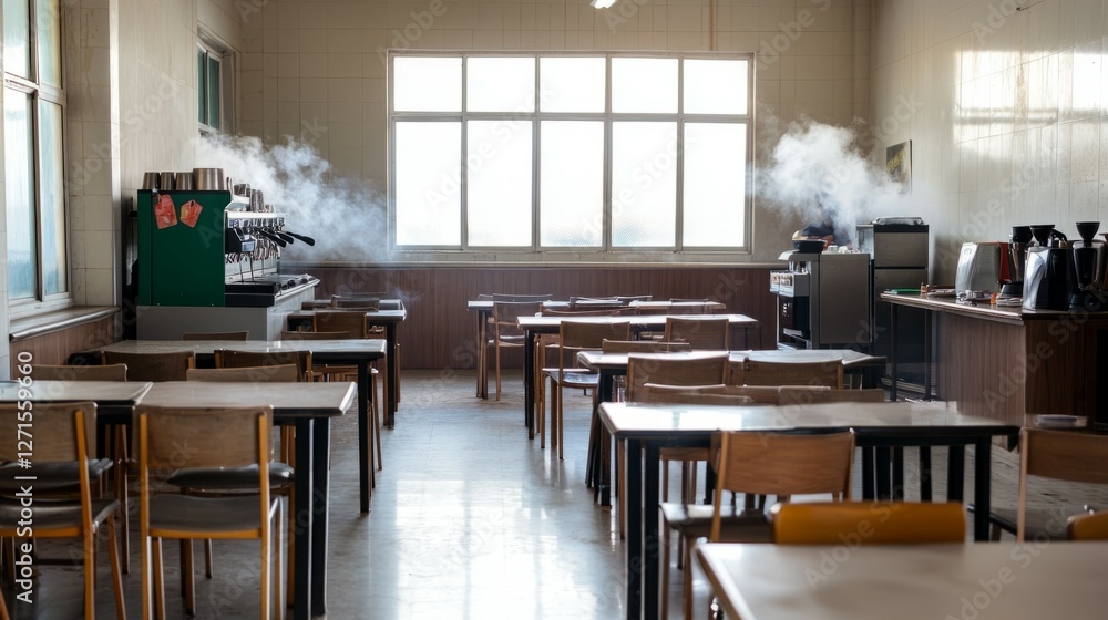 Empty Classroom with Coffee Machines and Steaming Windows Empty Classroom with Coffee Machines and Steaming Windows