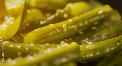 Crisp green pickles and fresh vegetables with sesame seeds healthy, vibrant snack showcasing best of green food in close up.