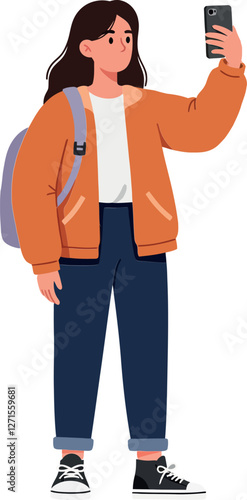 Young woman taking selfie in casual outfit, flat vector illustration