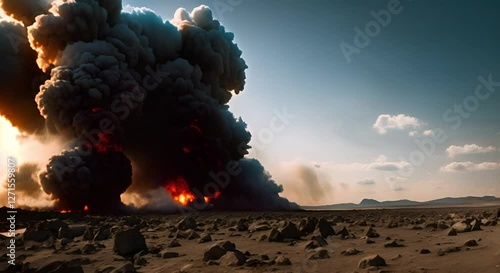 Dramatic volcanic eruption Natures power revealed through thick smoke, glowing lava, and stunning landscape of rocks.
