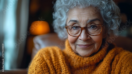 Smiling Elderly Woman in Cozy Sweater Relaxing Indoors at Home photo