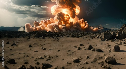 Dramatic explosion creates massive cloud of smoke and debris in desert landscape, showcasing raw power and intensity of natures fury.