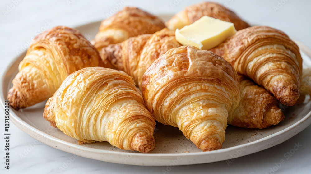 A plate of freshly baked croissants with butter A plate of freshly baked croissants with butter