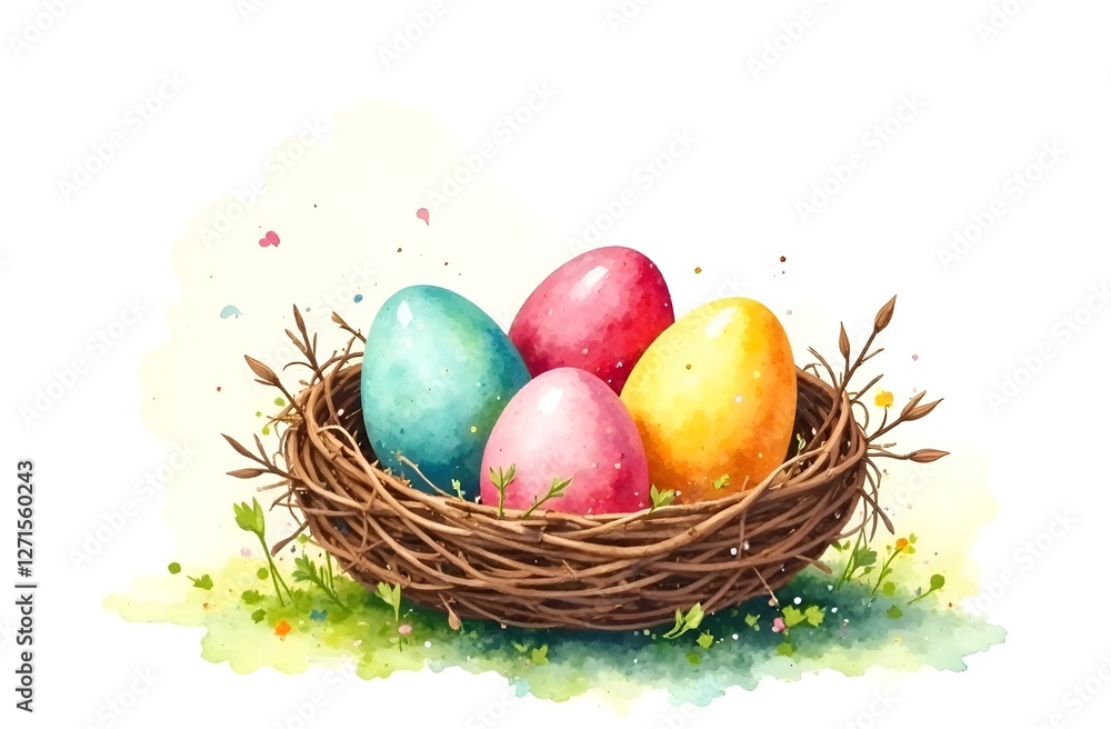 Easter eggs in a nest on green grass. Copy space. Easter card. Easter eggs in a nest on green grass. Copy space. Easter card.
