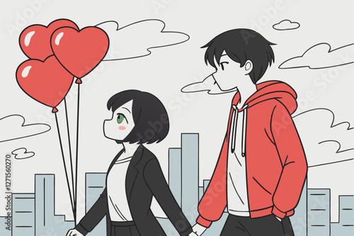  Anime-style drawing of a young couple walking down a city street, holding hands, with red heart-shaped balloons floating beside them. The girl has short black hair, green eyes, and is wearing a bla