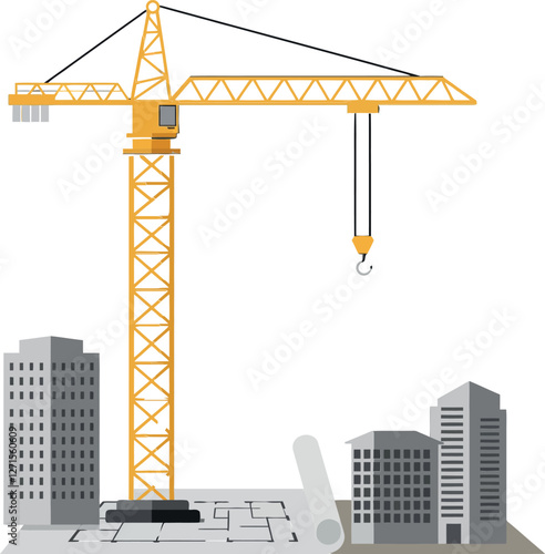 Construction crane lifting materials above modern buildings in flat vector art