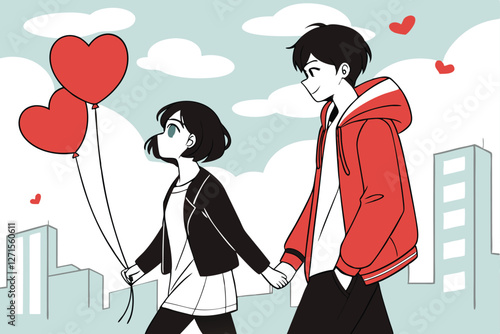  Anime-style drawing of a young couple walking down a city street, holding hands, with red heart-shaped balloons floating beside them. The girl has short black hair, green eyes, and is wearing a bla