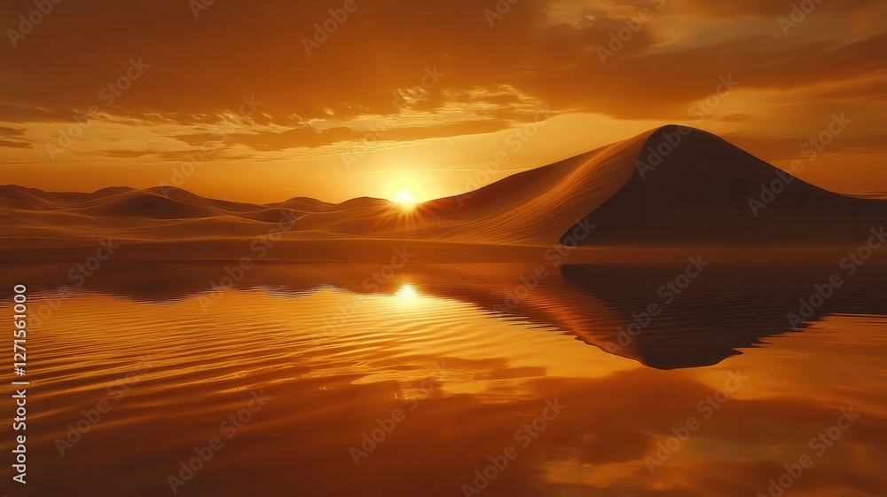 Serene Sunset Over Desert Dunes and Calm Reflective Water Serene Sunset Over Desert Dunes and Calm Reflective Water