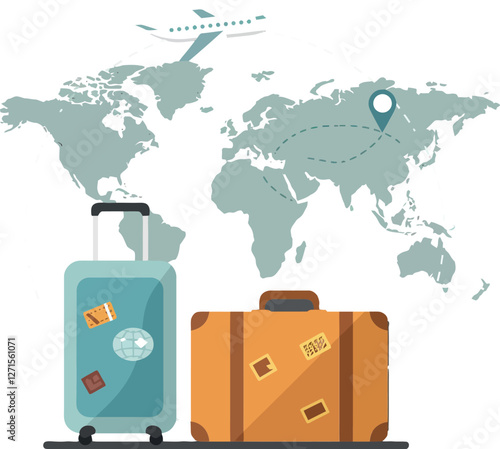 Travel luggage with world map in flat minimal vector art