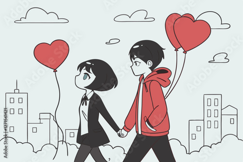  Anime-style drawing of a young couple walking down a city street, holding hands, with red heart-shaped balloons floating beside them. The girl has short black hair, green eyes, and is wearing a bla