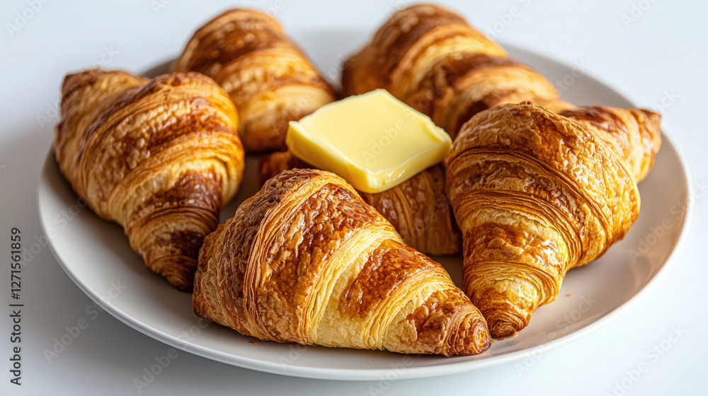 A plate of freshly baked croissants with butter A plate of freshly baked croissants with butter