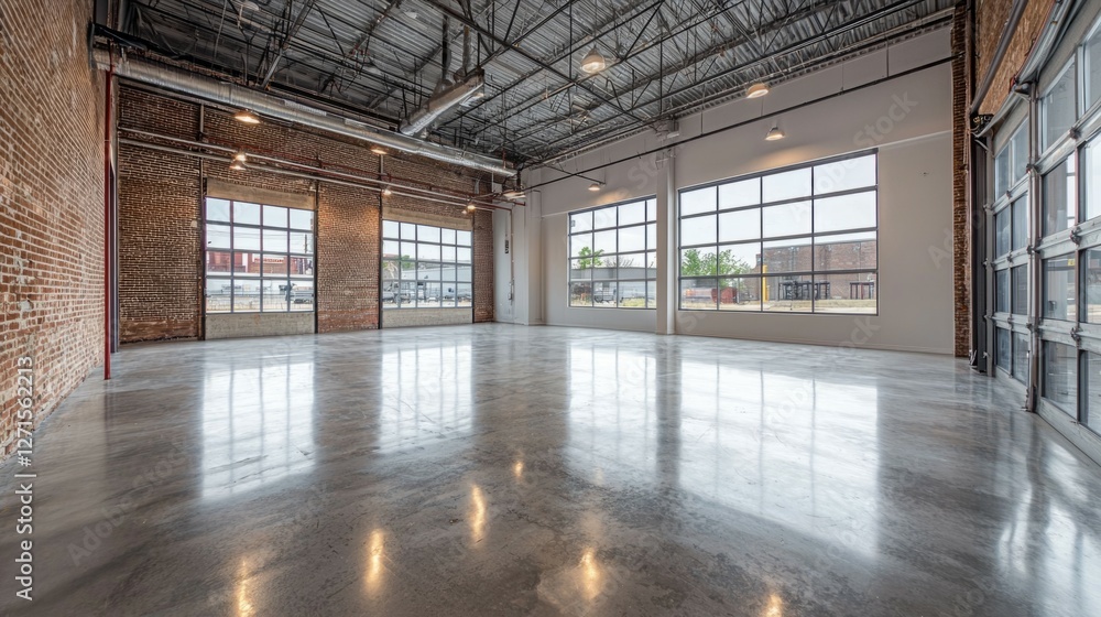 Fototapeta premium Spacious Industrial Loft with Large Windows and Polished Concrete Floor