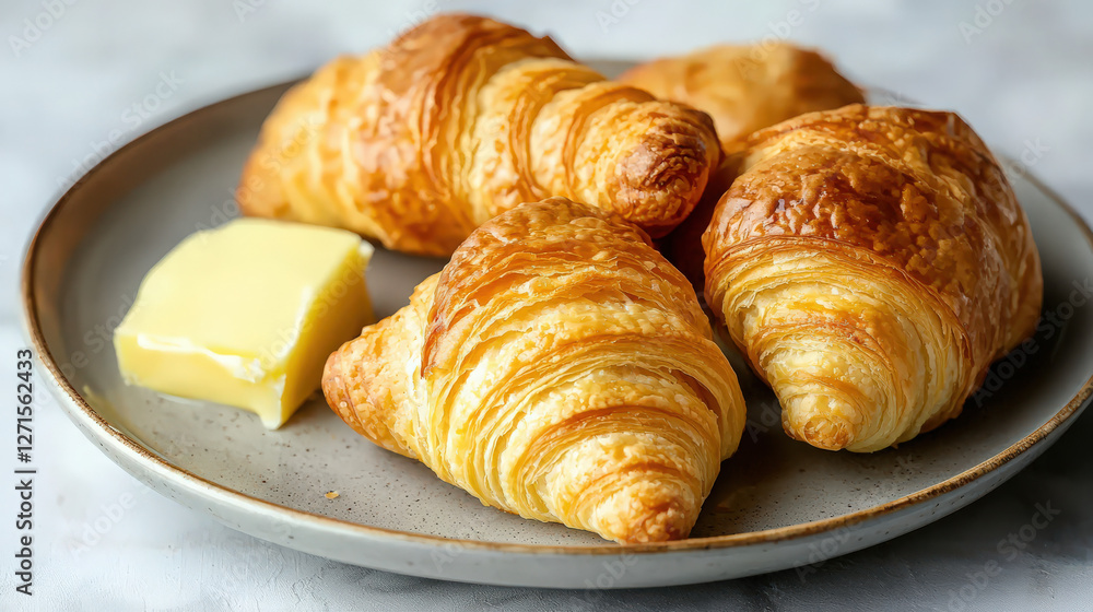 A plate of freshly baked croissants with butter A plate of freshly baked croissants with butter