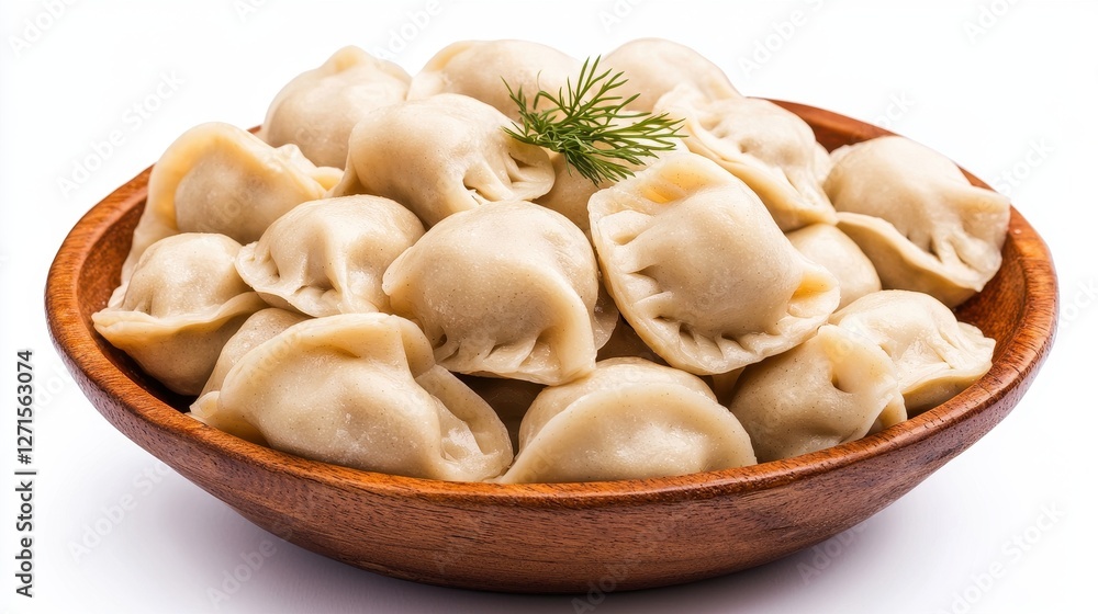 Delicious Homemade Dumplings in a Wooden Bowl with Fresh Herb Delicious Homemade Dumplings in a Wooden Bowl with Fresh Herb