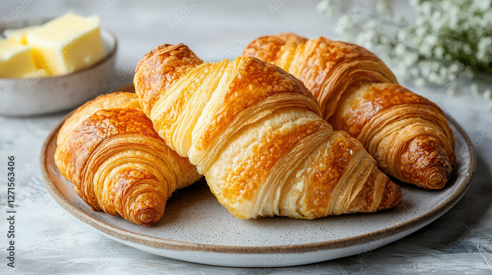 A plate of freshly baked croissants with butter A plate of freshly baked croissants with butter