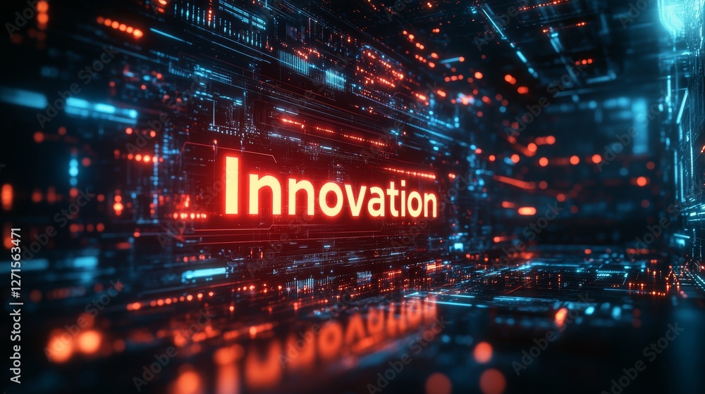 Futuristic Innovation Text in Glowing Neon Technology Background Futuristic Innovation Text in Glowing Neon Technology Background