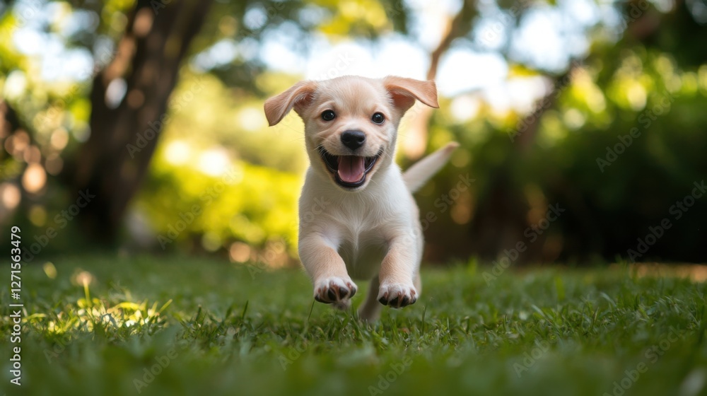 A playful puppy running through the park, with green trees in the background and plenty of space for marketing text. A playful puppy running through the park, with green trees in the background and plenty of space for marketing text.