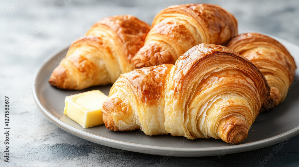 A plate of freshly baked croissants with butter A plate of freshly baked croissants with butter