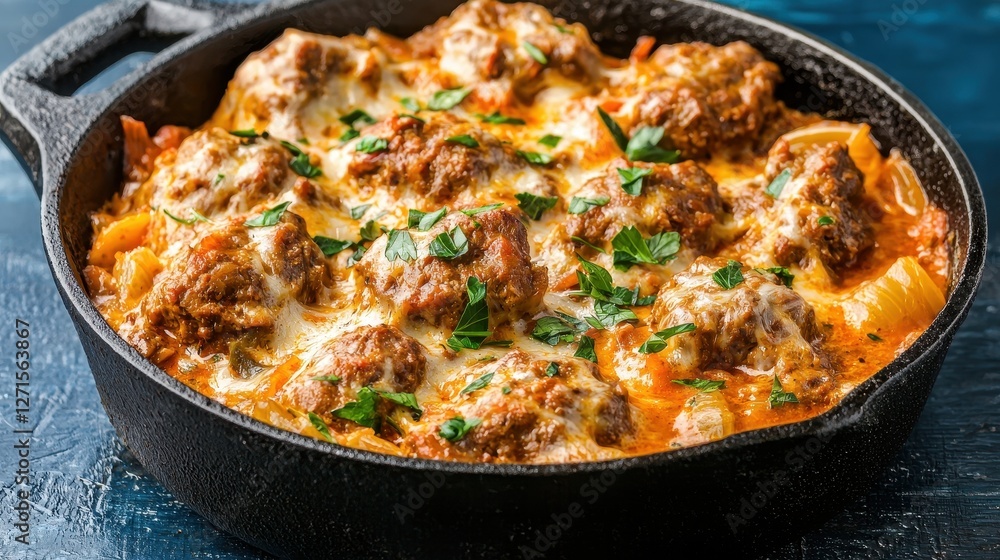 Savory Meatballs in Sauce with Melted Cheese and Fresh Herbs Savory Meatballs in Sauce with Melted Cheese and Fresh Herbs